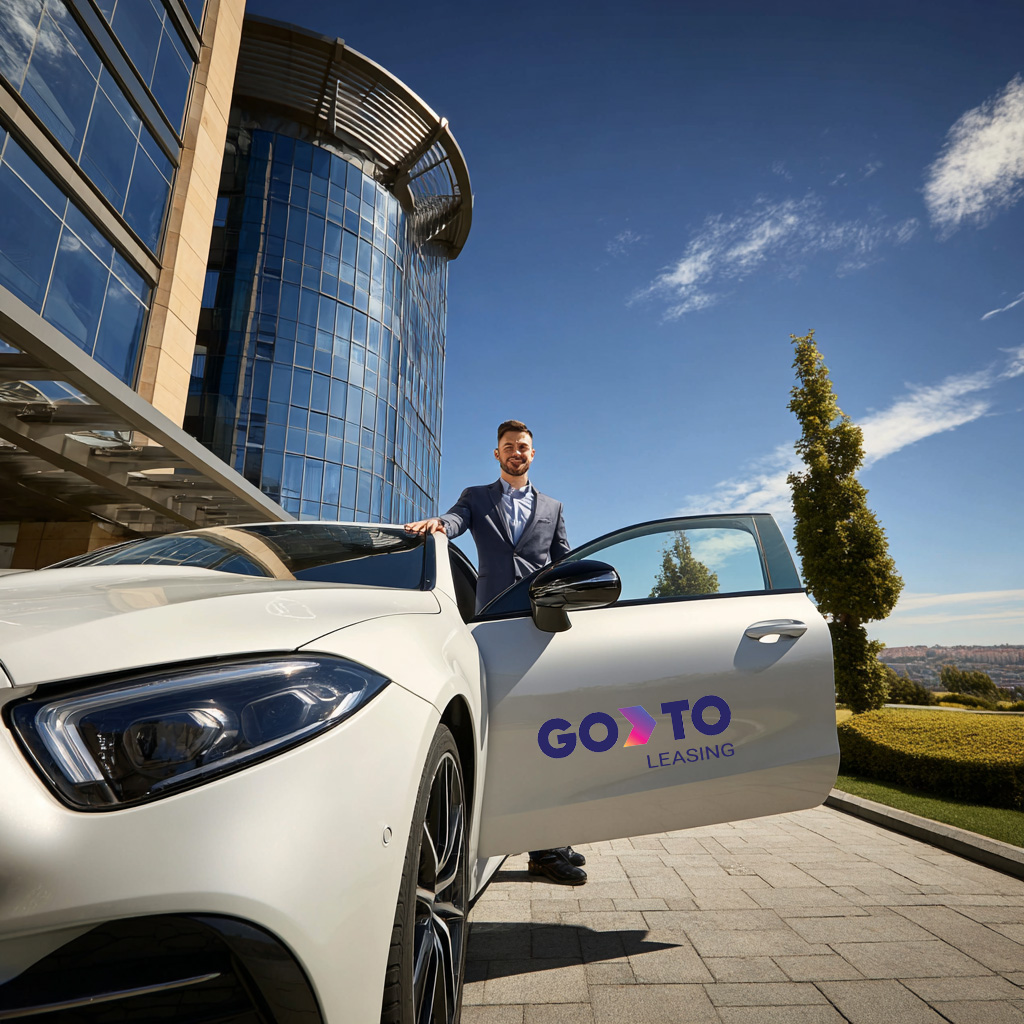 A man in a suit stands next to a luxury car with an open door featuring the GoTo logo, outside a modern office building – business car leasing